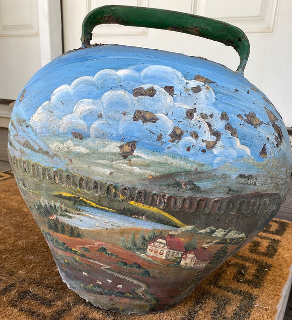 XL Vintage Swiss Cowbell: Hand-painted with Alpine Village Scenes